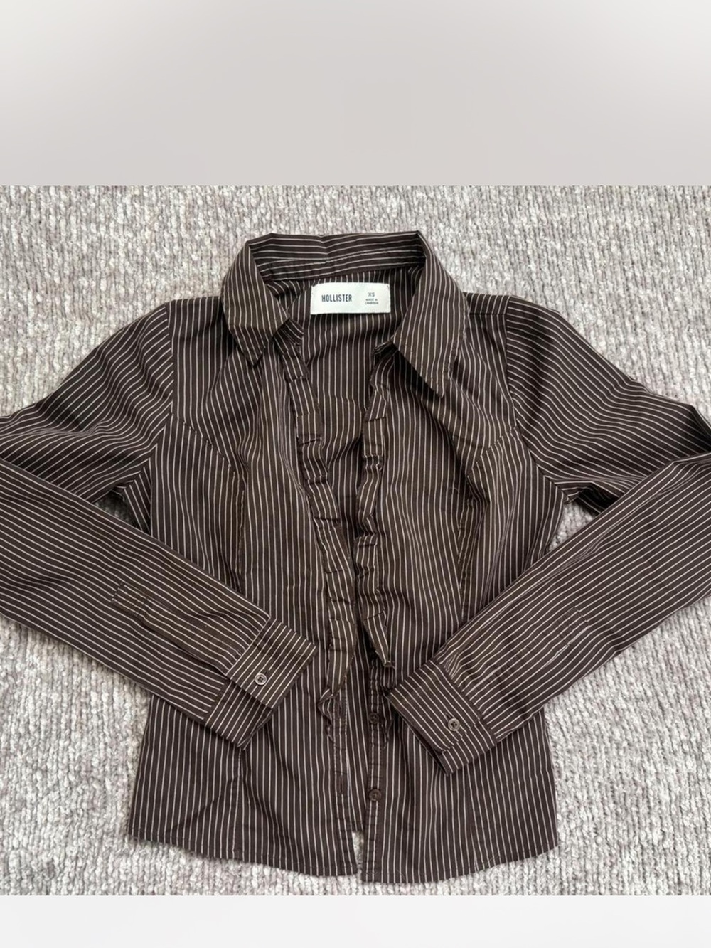 Hollister Brown Pinstripe Ruffle-Front Button-Down Shirt